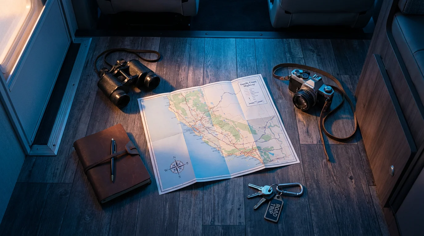 A flat lay of a road map, binoculars, and a camera at dusk.