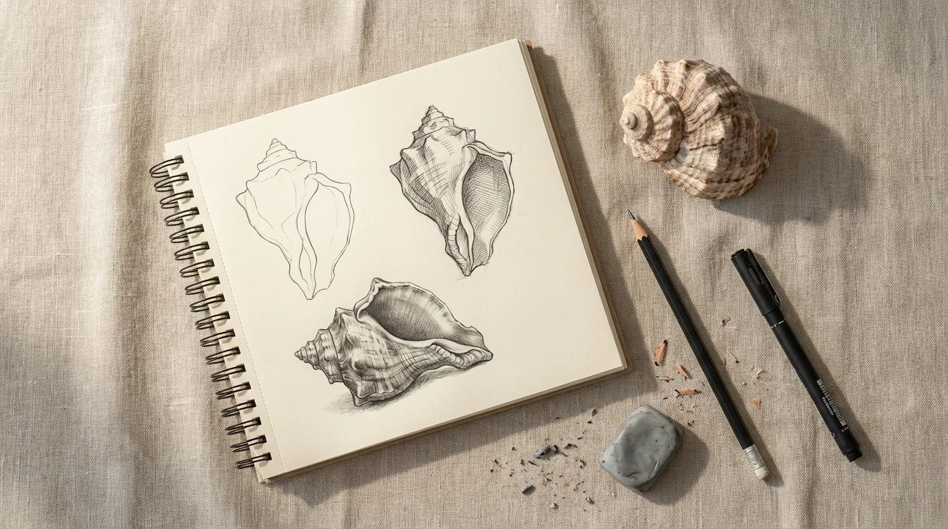 A flat lay of a sketchbook with pencil drawings of a seashell next to it.