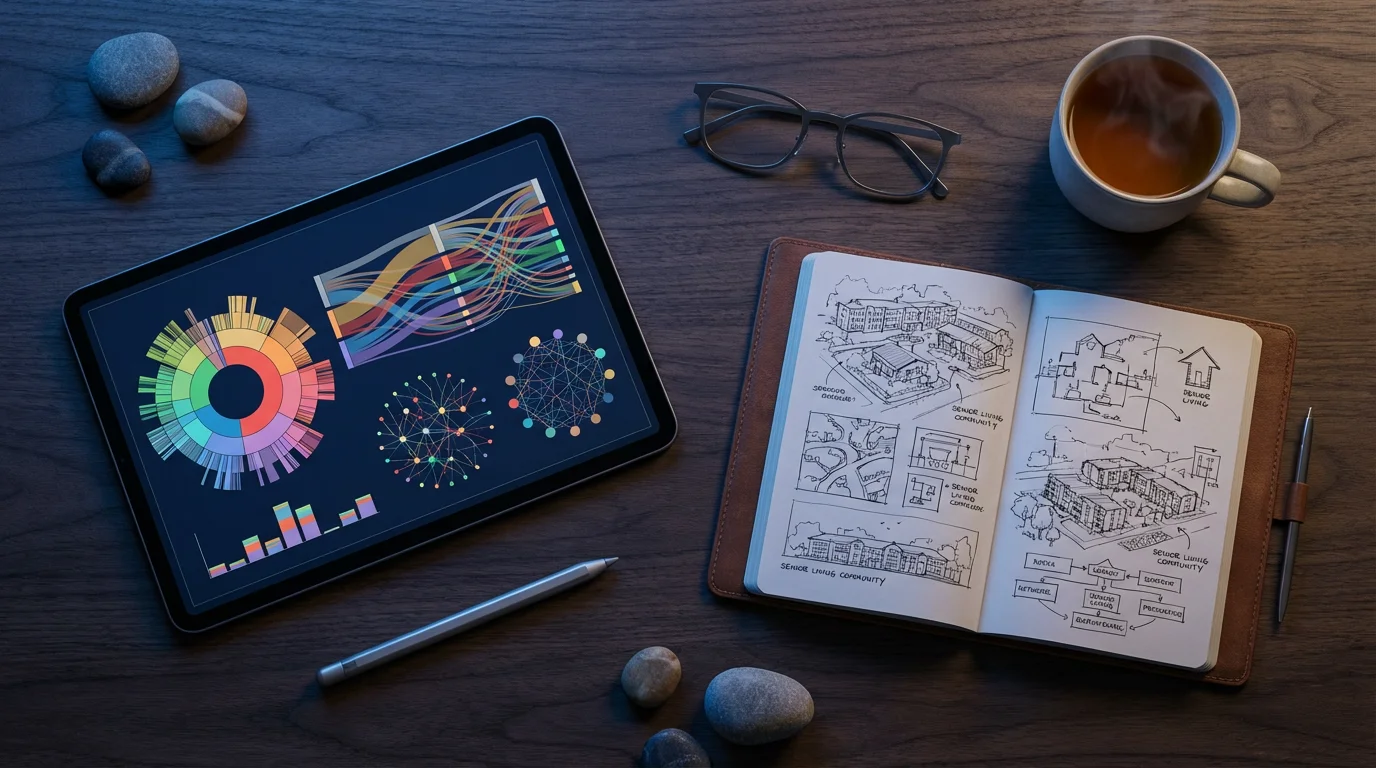 A flat lay of a tablet, notebook, and glasses on a dark desk.