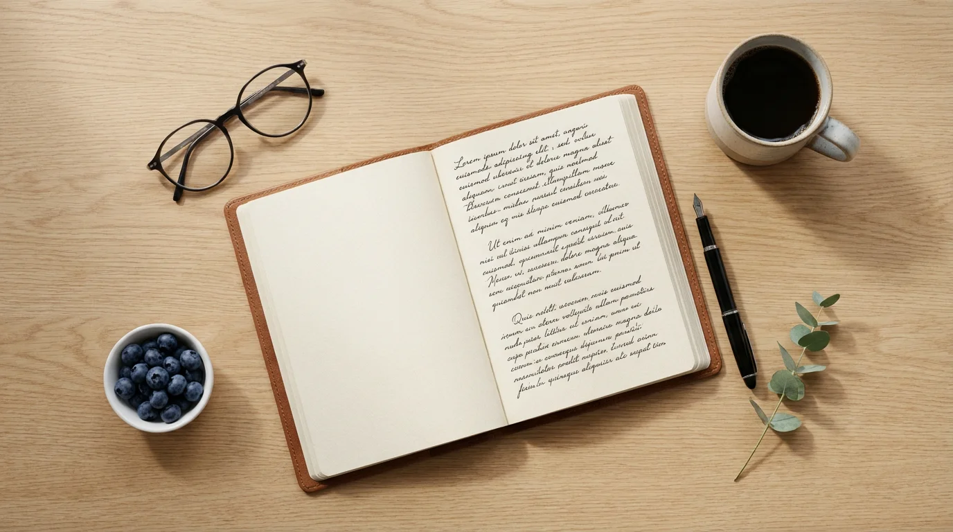 A flat lay of a writer's desk with a notebook, pen, coffee, and glasses.
