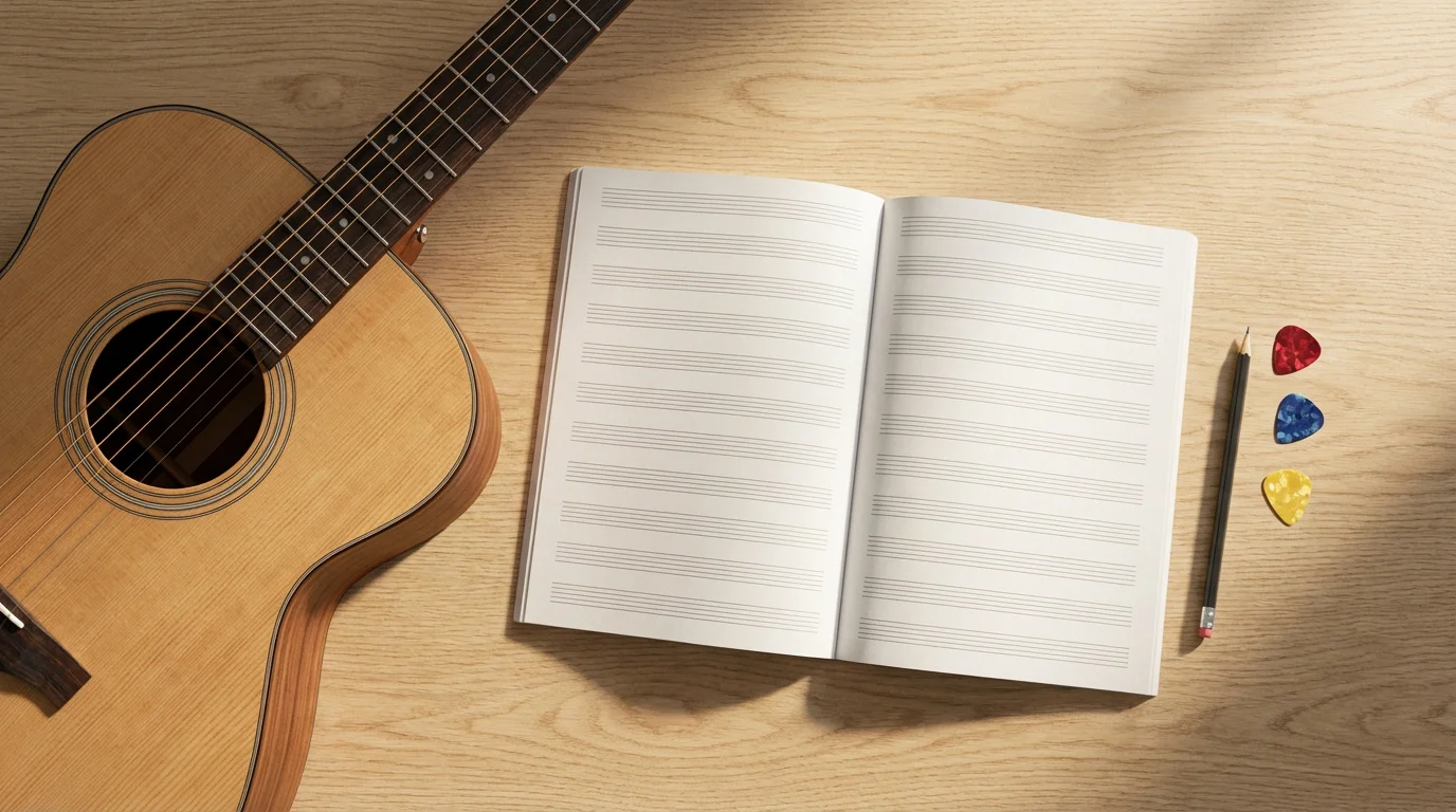 A flat lay of an acoustic guitar, blank music staff notebook, and picks.