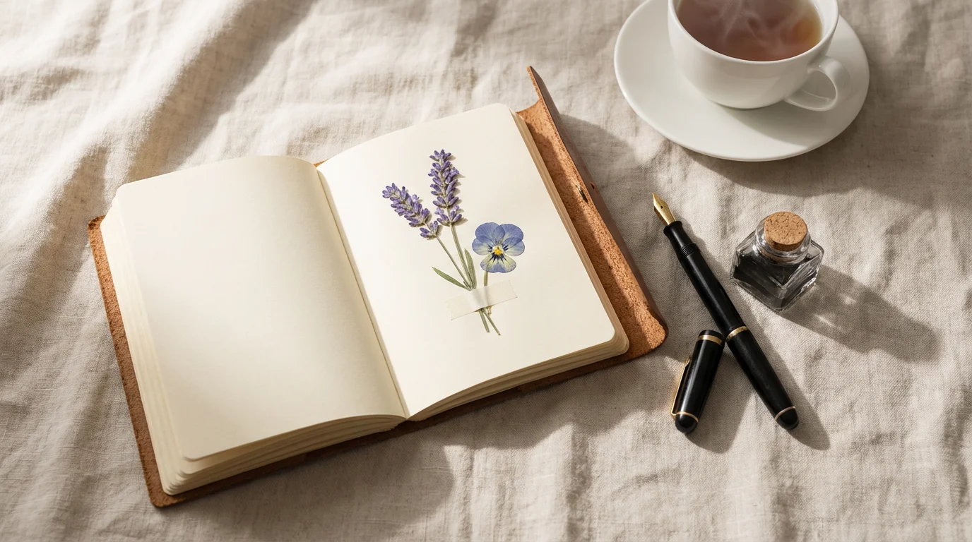 A flat lay of an open journal, a pressed flower, a fountain pen, and tea.