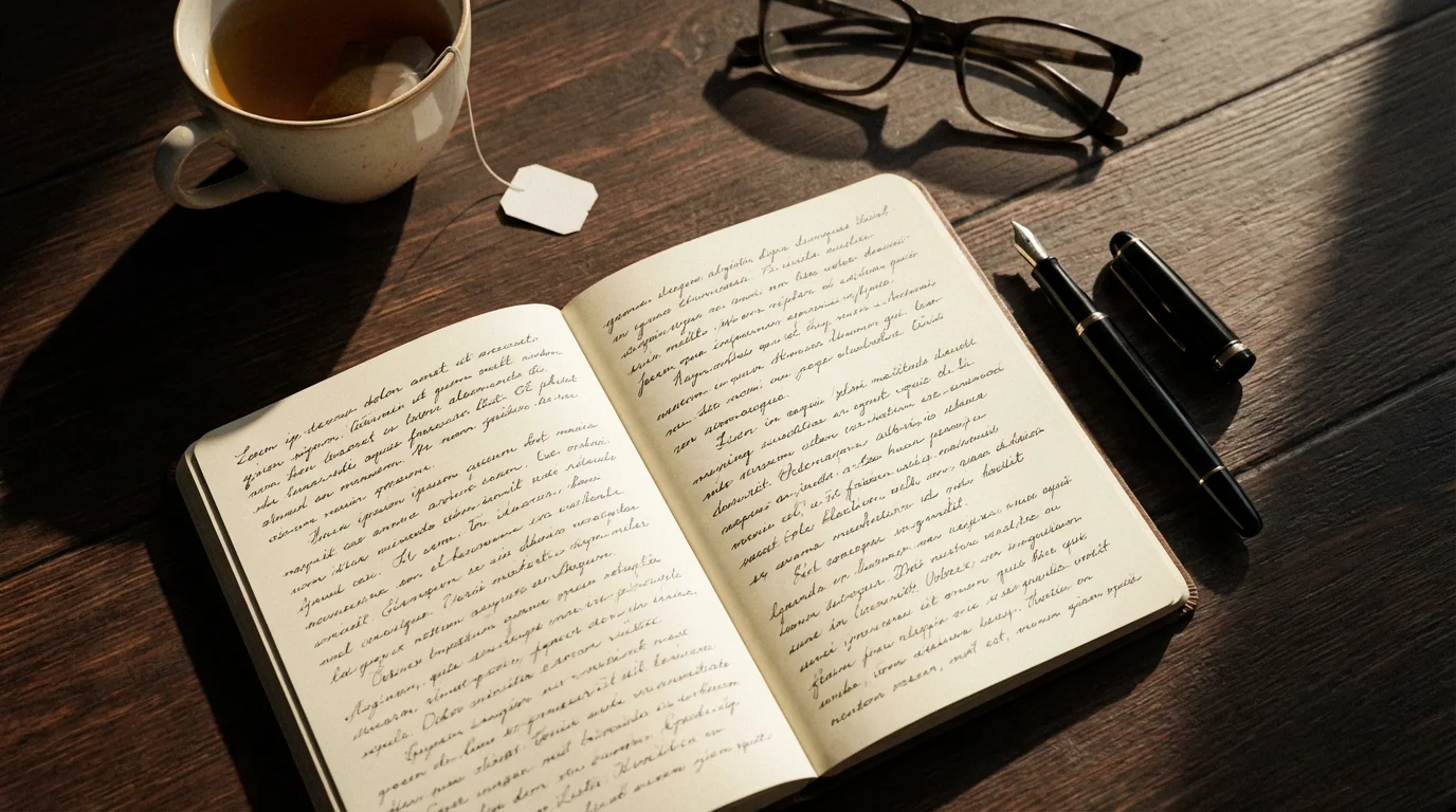 A flat lay of an open journal, fountain pen, teacup, and glasses in afternoon light.