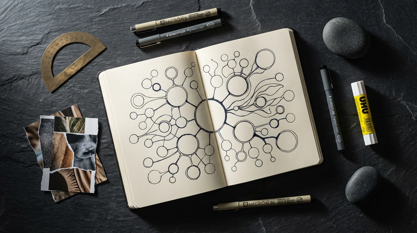 A flat lay of an open journal with a mind map and creative tools.