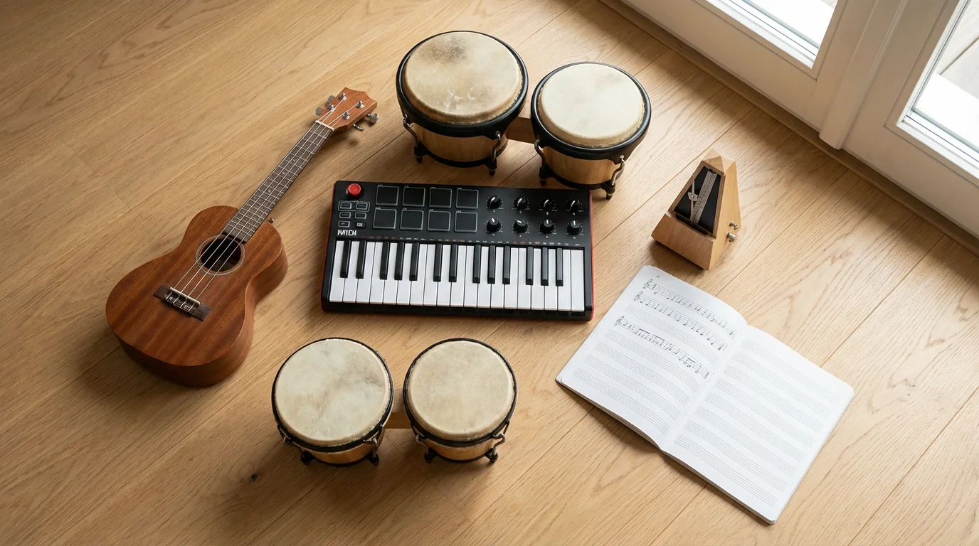 A flat lay of beginner musical instruments including a ukulele, keyboard, and bongos.
