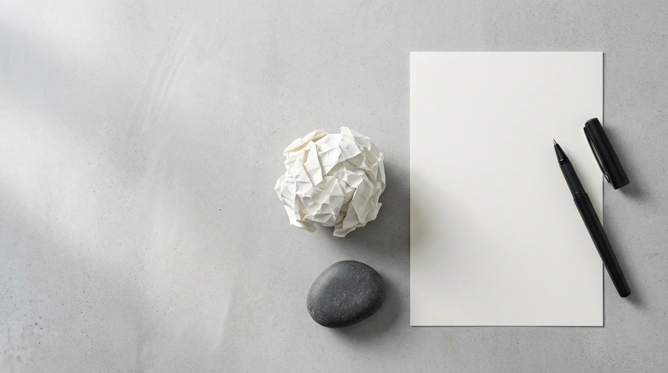 A flat lay of crumpled paper, a blank sheet, a pen, and a stone.