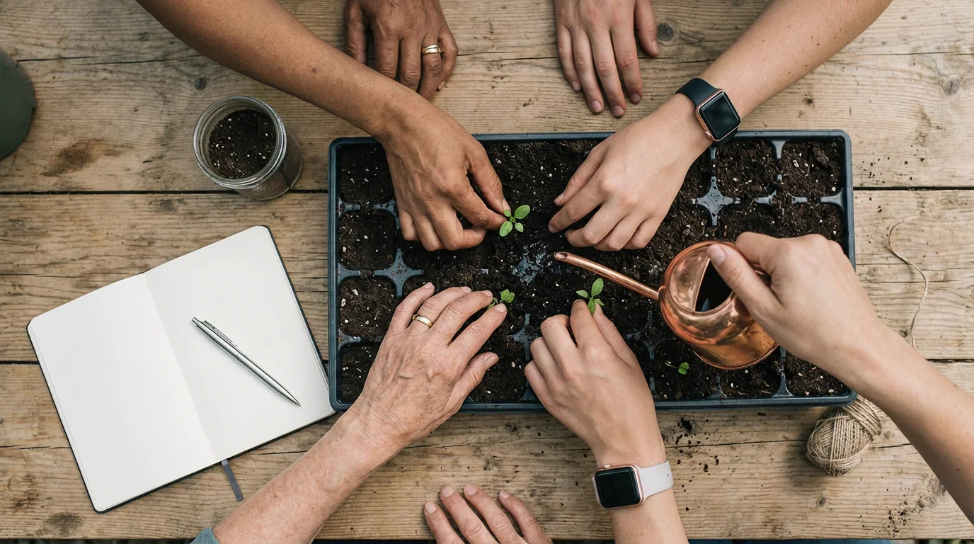 A flat lay of diverse hands planting seedlings next to an open notebook.