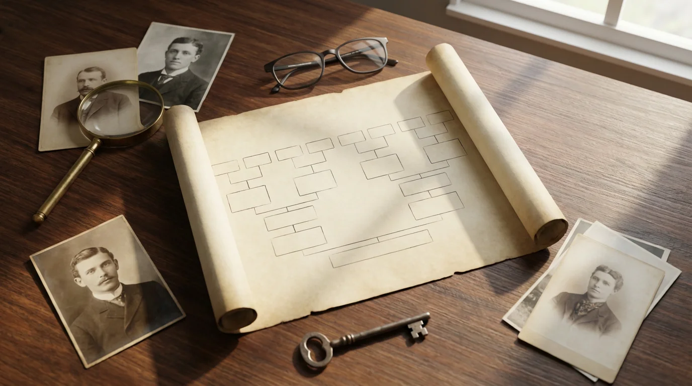 A flat lay of genealogy research items including vintage photos and a magnifying glass.