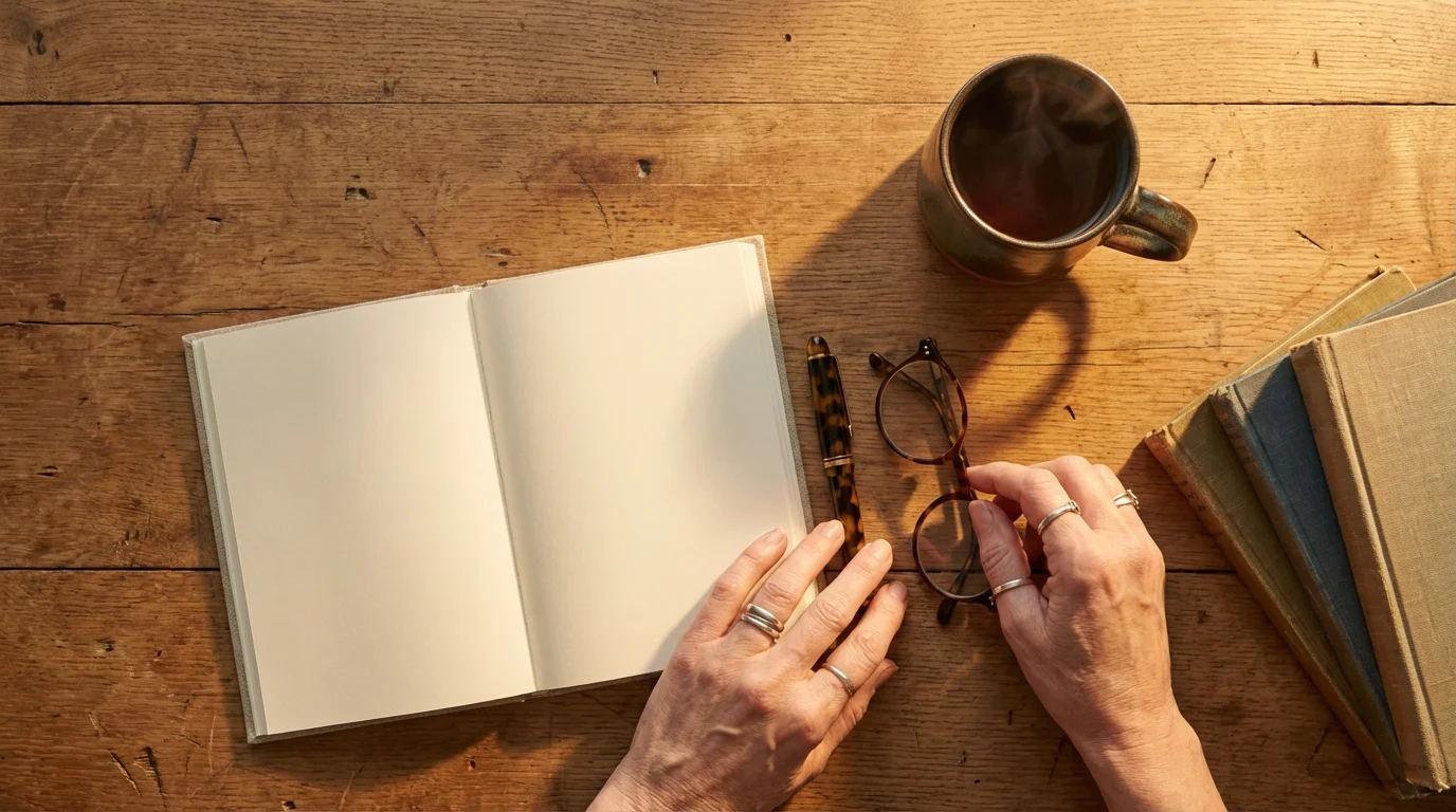 A flat lay of mature hands organizing a journal, glasses, and books on a desk.