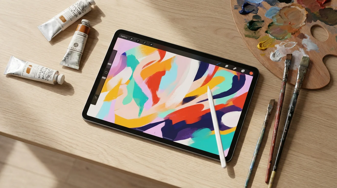 A flat lay of traditional oil paints and brushes next to a tablet showing a digital painting.