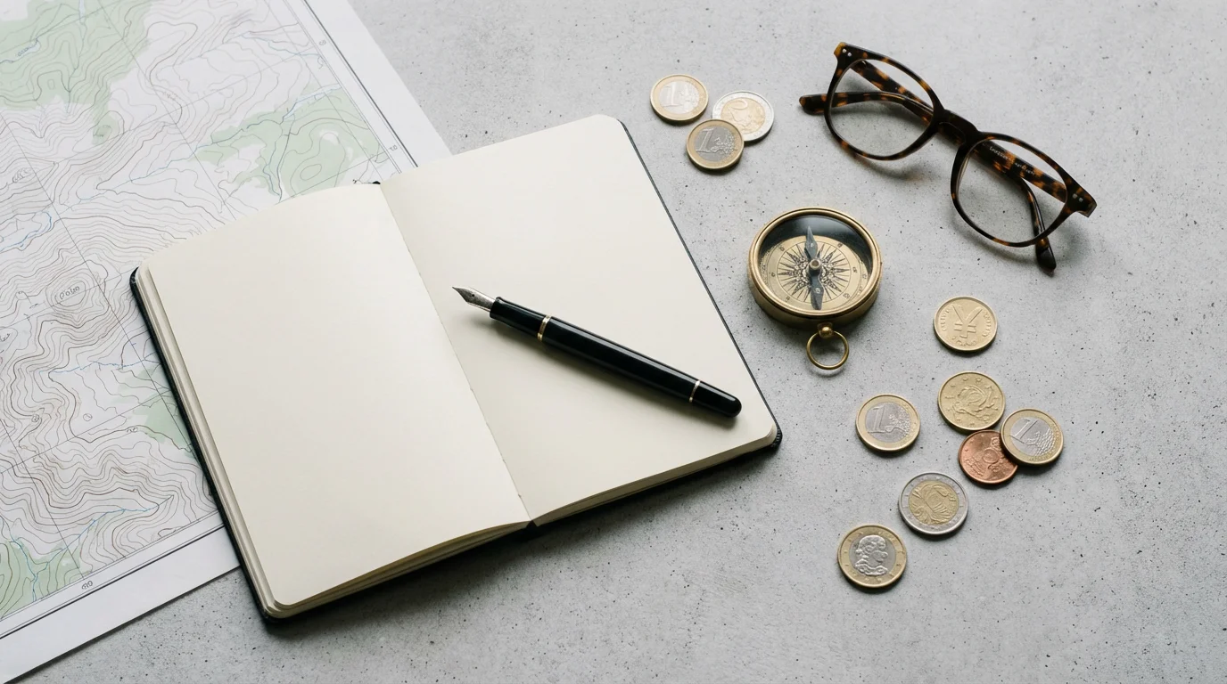 A flat lay of travel planning items: a journal, compass, and map.