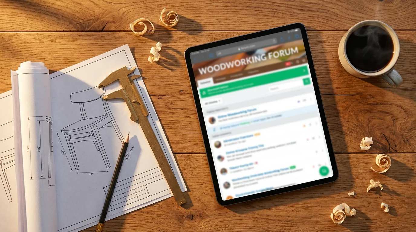 A flat lay of woodworking blueprints, a tablet showing a community forum, and coffee.