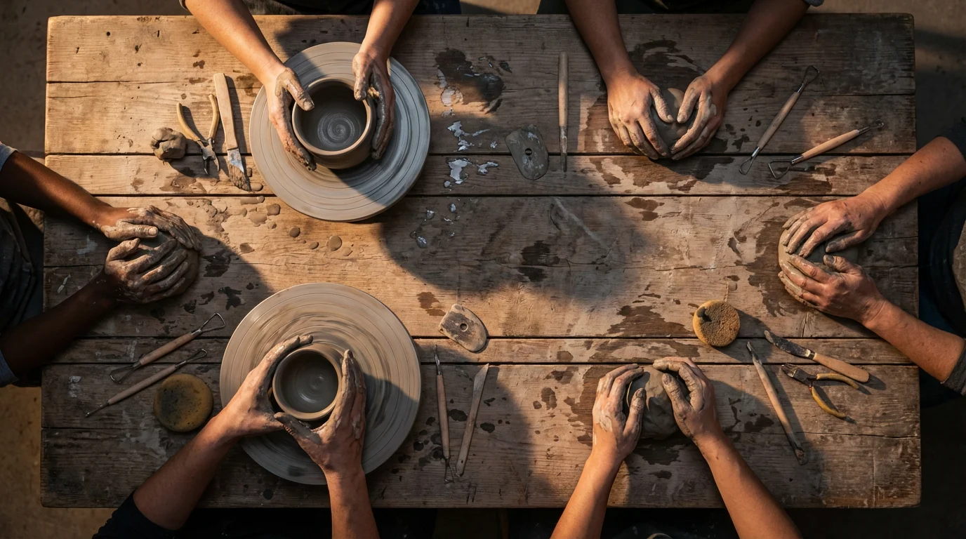 A flat lay photo of diverse hands working together with clay in a pottery workshop.