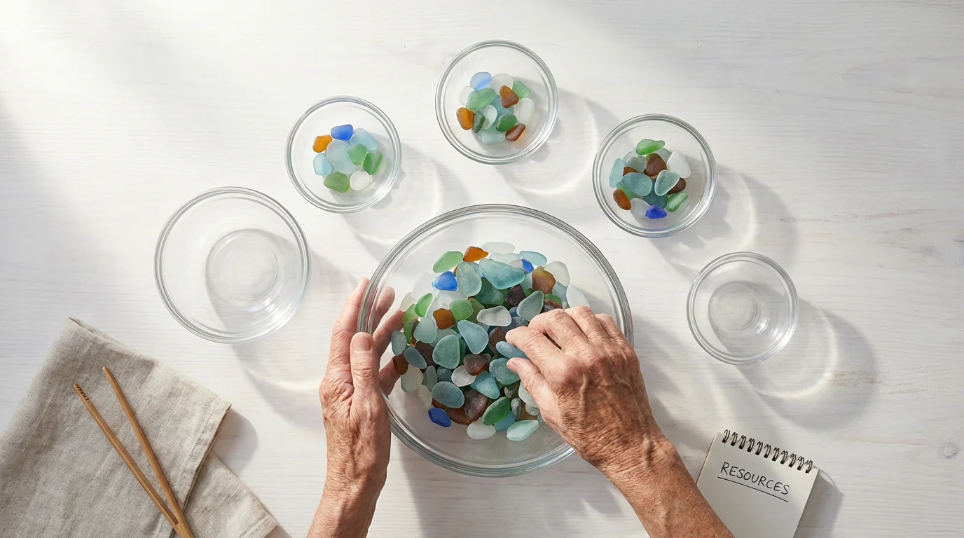 A flat lay photo of hands sorting colored glass pebbles into various bowls, symbolizing budgeting.