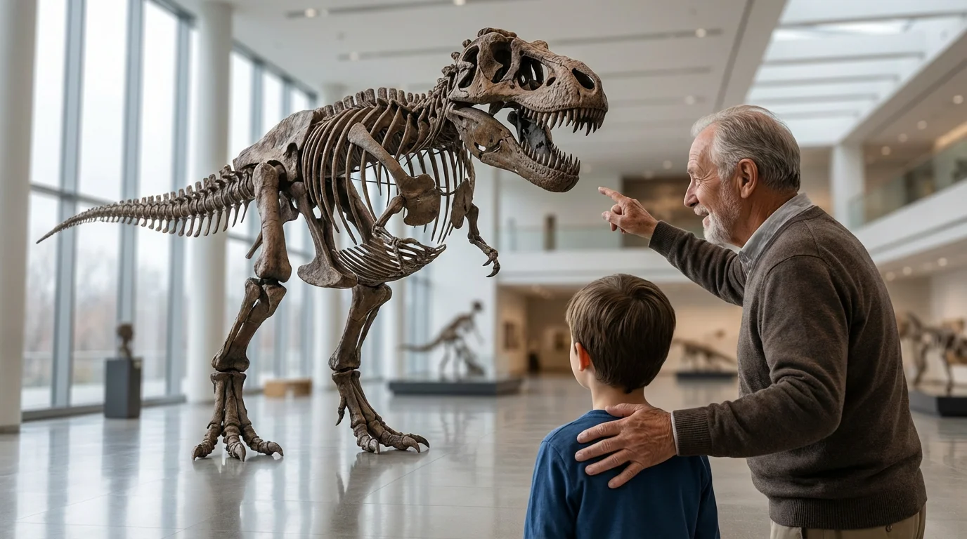 A grandfather and his grandson looking up at a Tyrannosaurus Rex skeleton in a museum.
