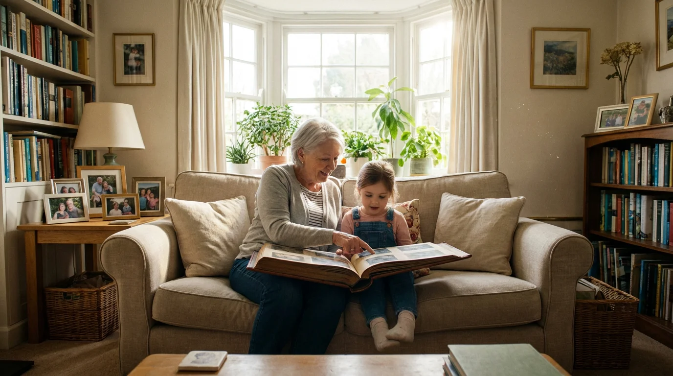 A grandmother and granddaughter looking at a photo album in a bright, sunlit room.
