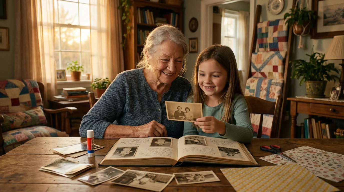 A grandmother and granddaughter smile while making a family history scrapbook during golden hour.
