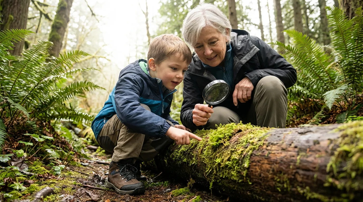 A grandmother and grandson on a forest trail, learning about nature with a magnifying glass.