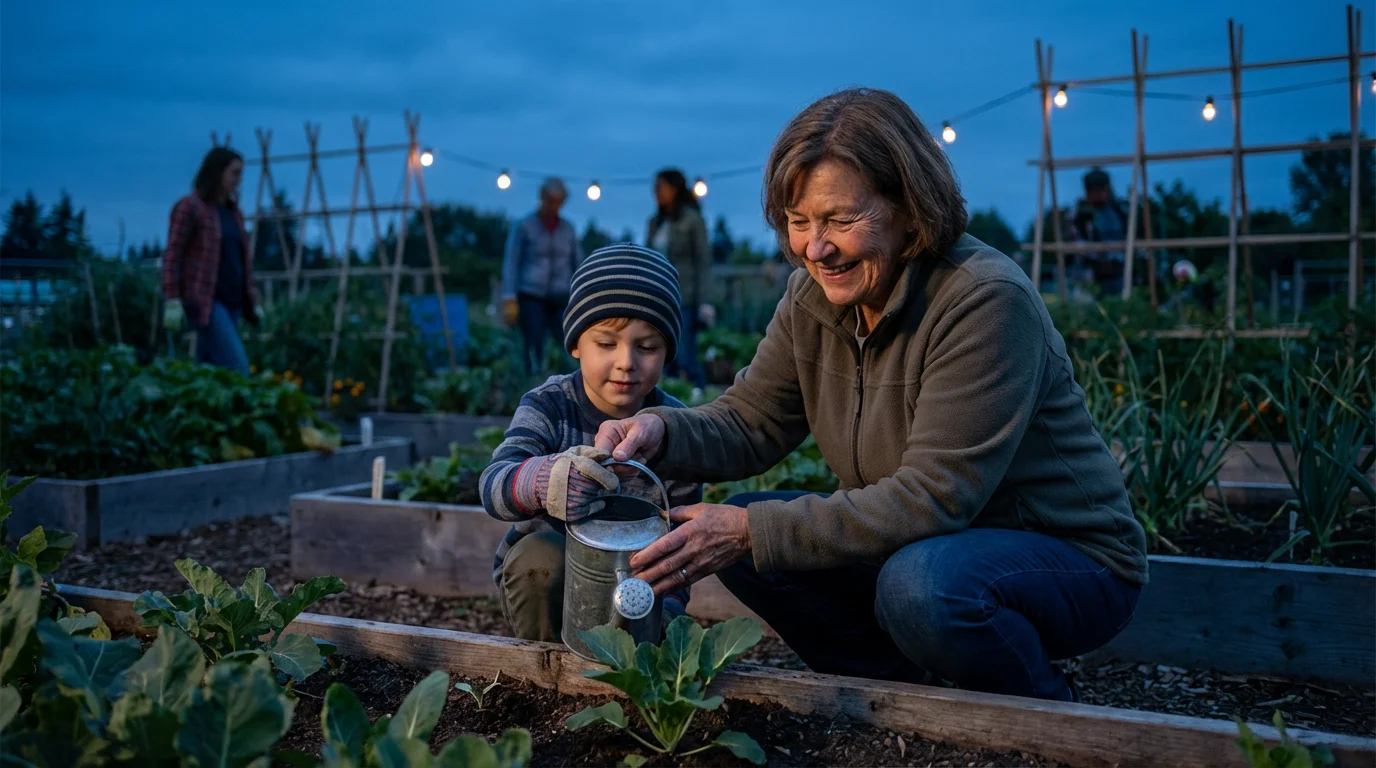 A grandmother and her grandson volunteering together in a community garden at dusk.