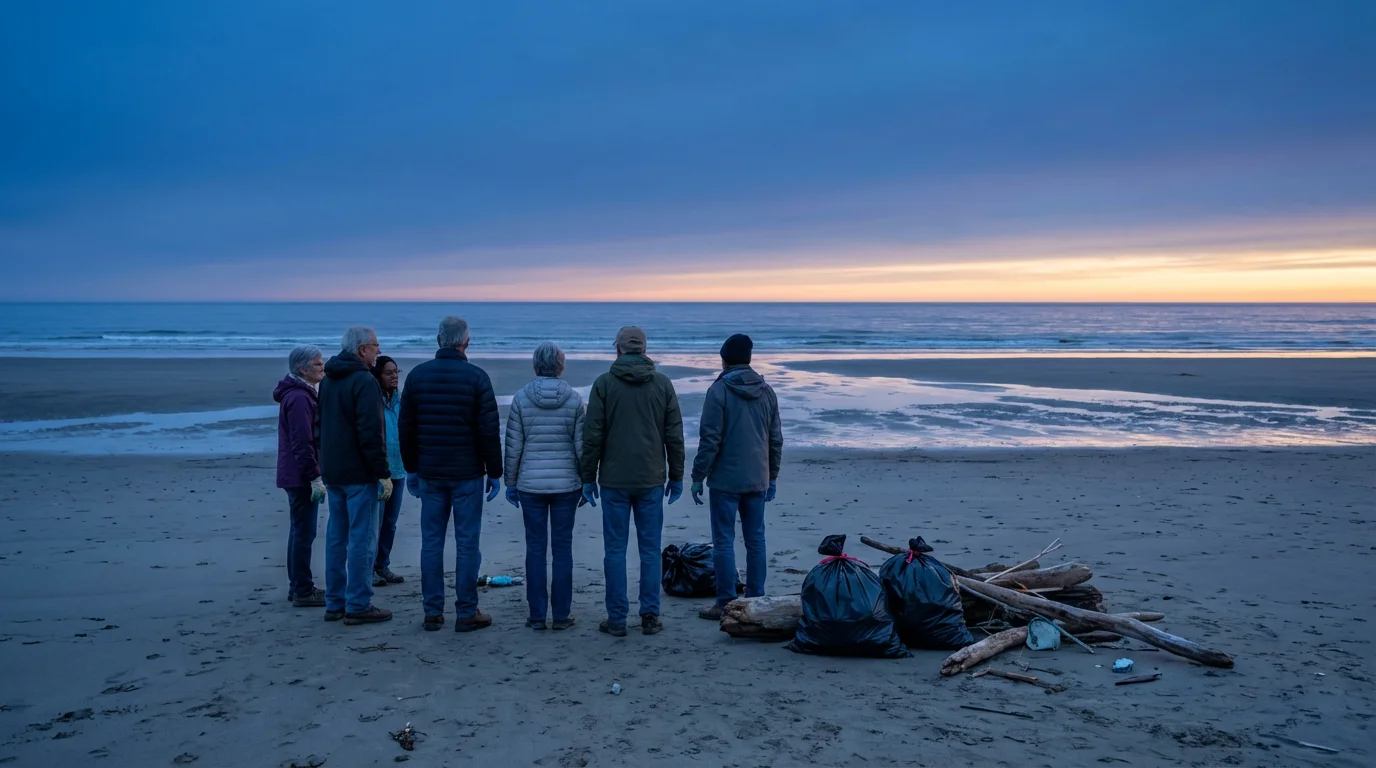 A group of senior volunteers on a beach at dusk after a cleanup.