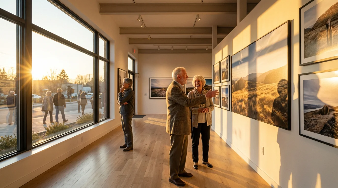A group of seniors admiring landscape photographs in a sunlit art gallery at sunset.