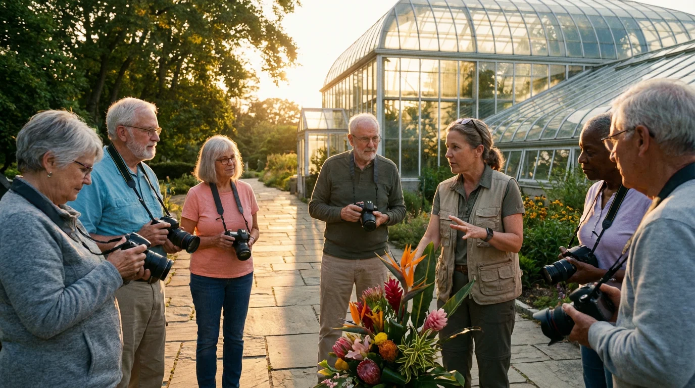 A group of seniors in a photography workshop at a botanical garden during sunset.