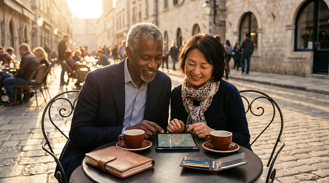 A happy retired couple plans their travel budget on a tablet at a cafe.