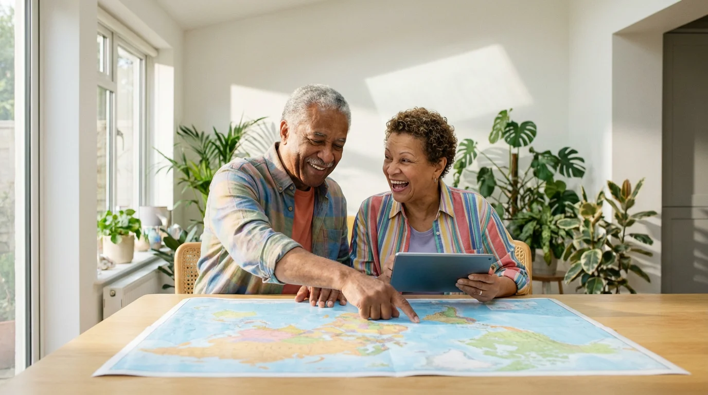 A happy senior couple sits at a table planning their travels with a world map.