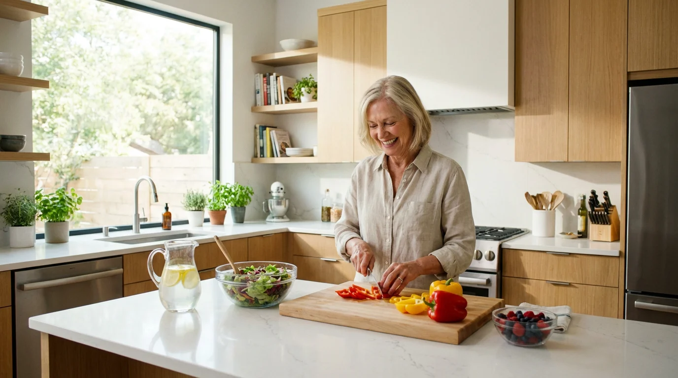 A healthy senior woman preparing a colorful salad in a bright, modern kitchen.