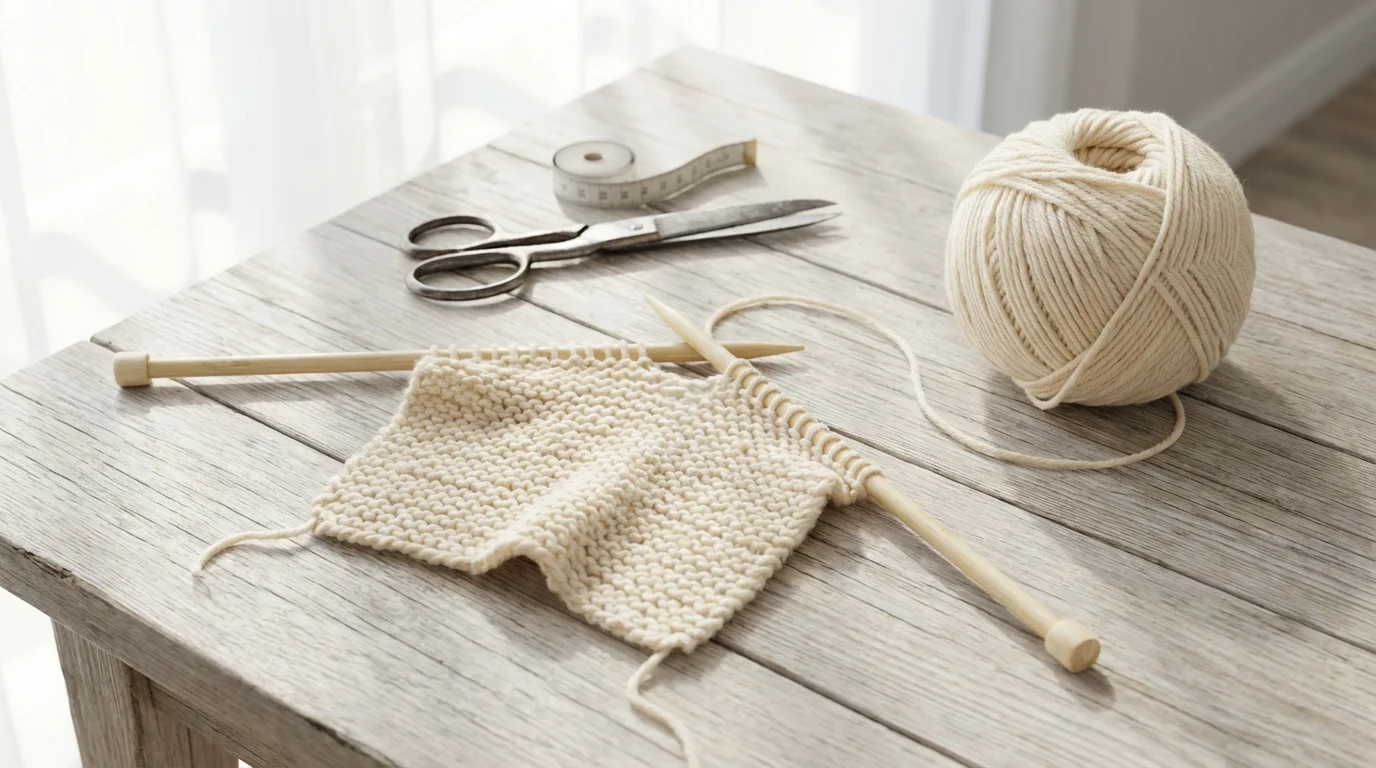 A high-angle flat lay of a beginner's knitting project with yarn and needles.