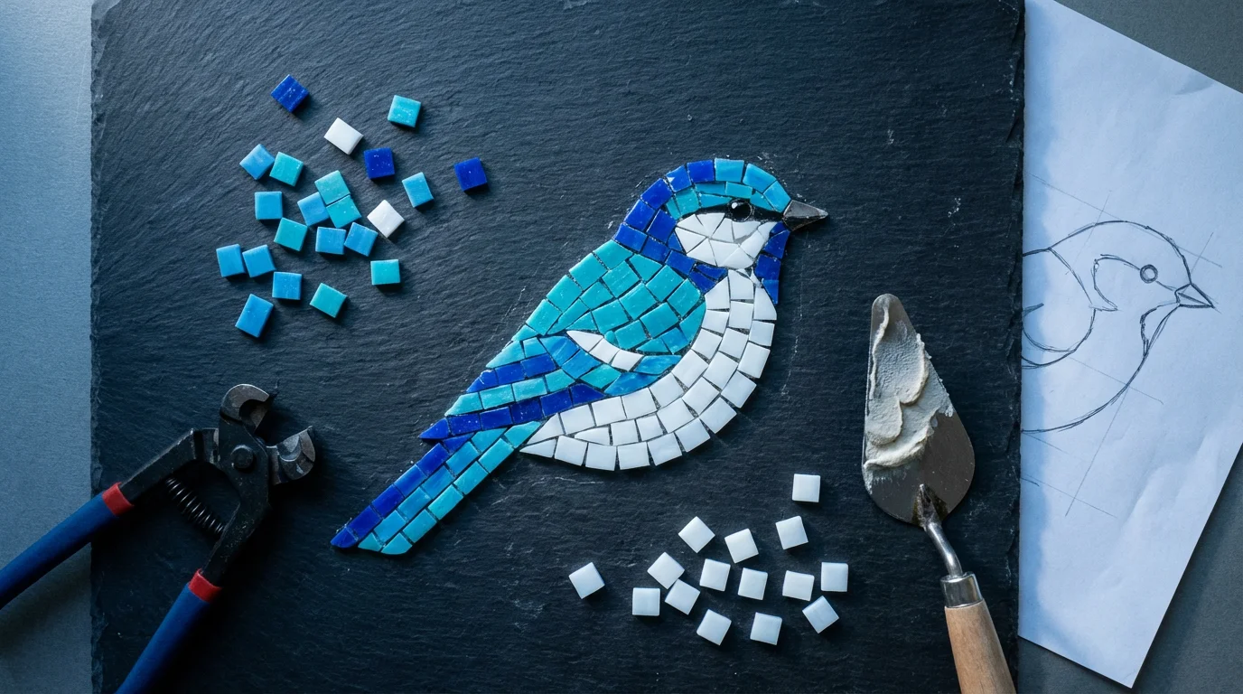 A high-angle flat lay of a colorful mosaic bird art project in progress.