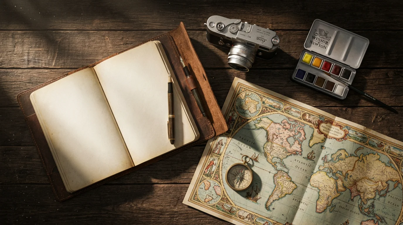 A high-angle flat lay of a journal, vintage camera, map, and watercolors for retirement.