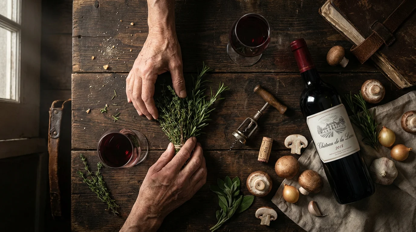 A high-angle photo of wine and fresh cooking ingredients on a dark wooden table.