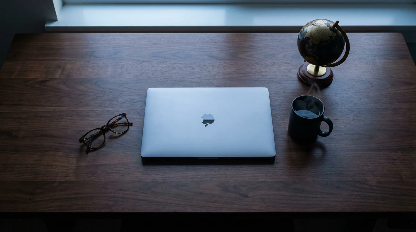 A high-angle view of a modern remote work setup with a laptop at dusk.