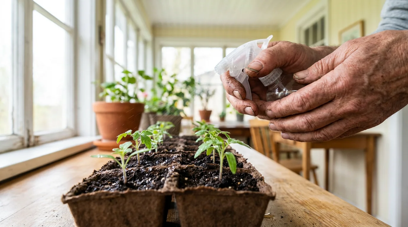 A low angle close-up of senior hands tending to tiny plant sprouts in pots.