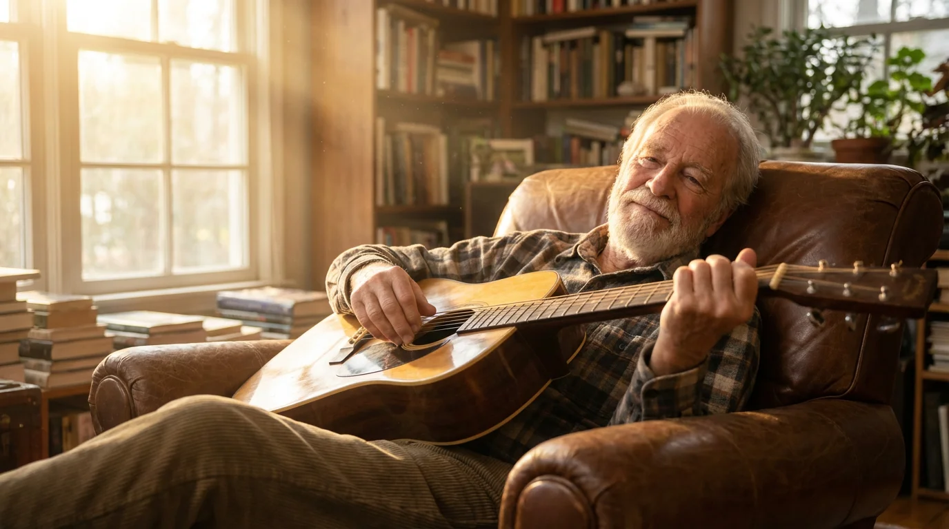 A low angle photograph of a content elderly man sitting with his acoustic guitar.