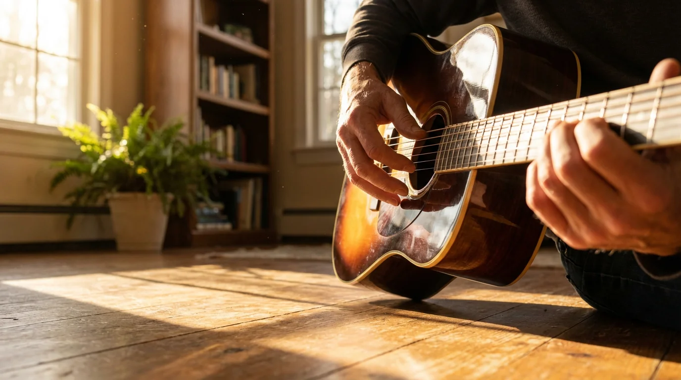 A low angle photograph of an adult learning to play an acoustic guitar.