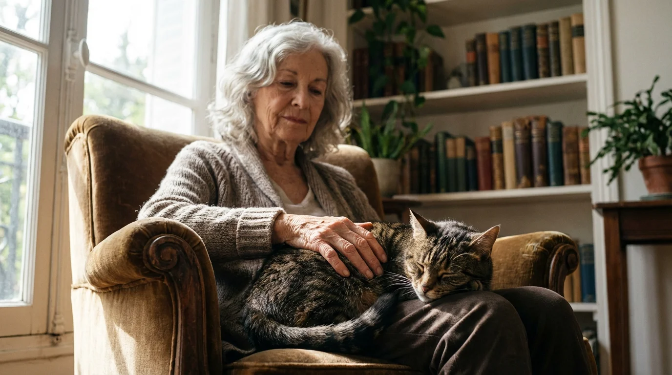 A low angle photograph of an elderly woman with a sleeping cat on her lap, lit by natural window light.