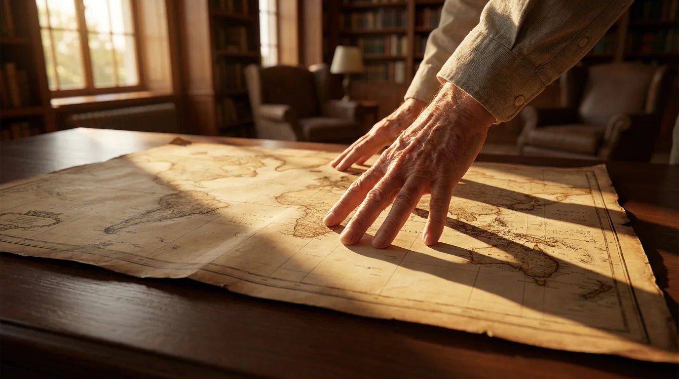 A low angle shot of an older person's hands tracing a route on a large vintage map.