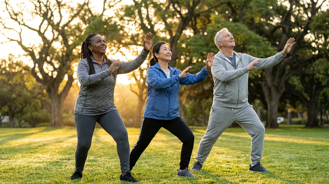 A low angle shot of three diverse seniors practicing tai chi in a park.