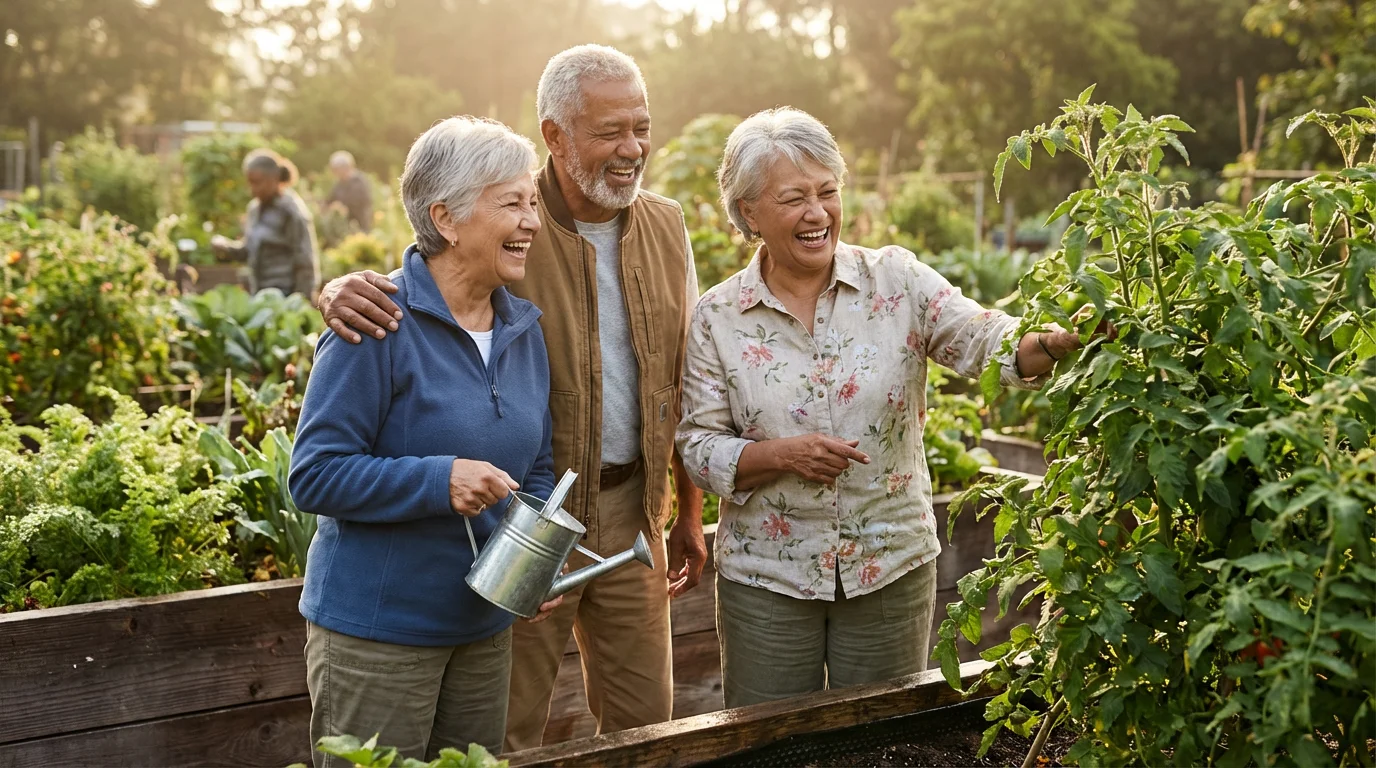 A low angle shot of three diverse, smiling seniors working in a sunny community garden.