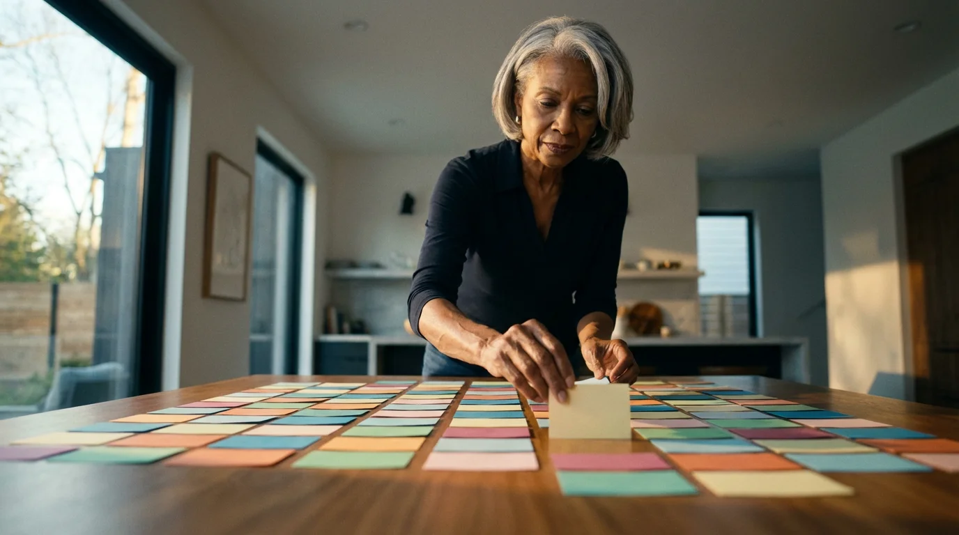 A low angle view of an older woman's hands arranging colorful notecards on a wooden table.