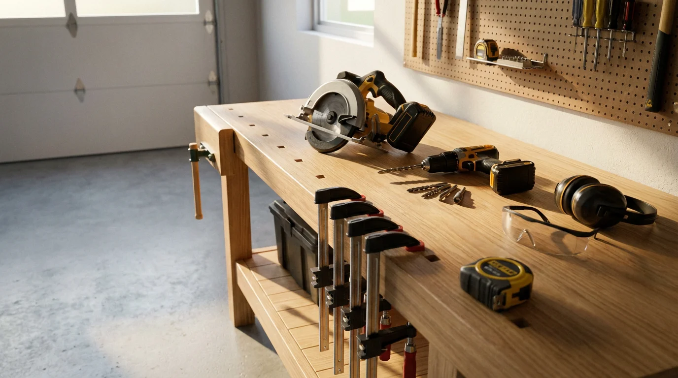 A low angle view of essential woodworking tools organized on a workbench in a garage.