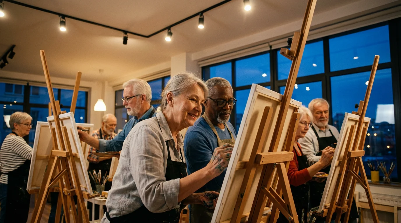 A low angle view of older adults enjoying a creative community painting class at dusk.