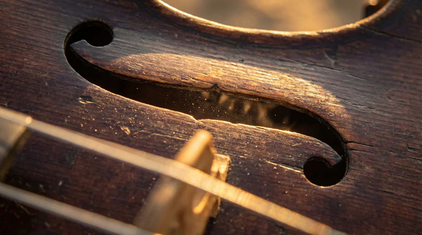 A macro photograph of a cello's f-hole with warm golden hour light highlighting the wood.