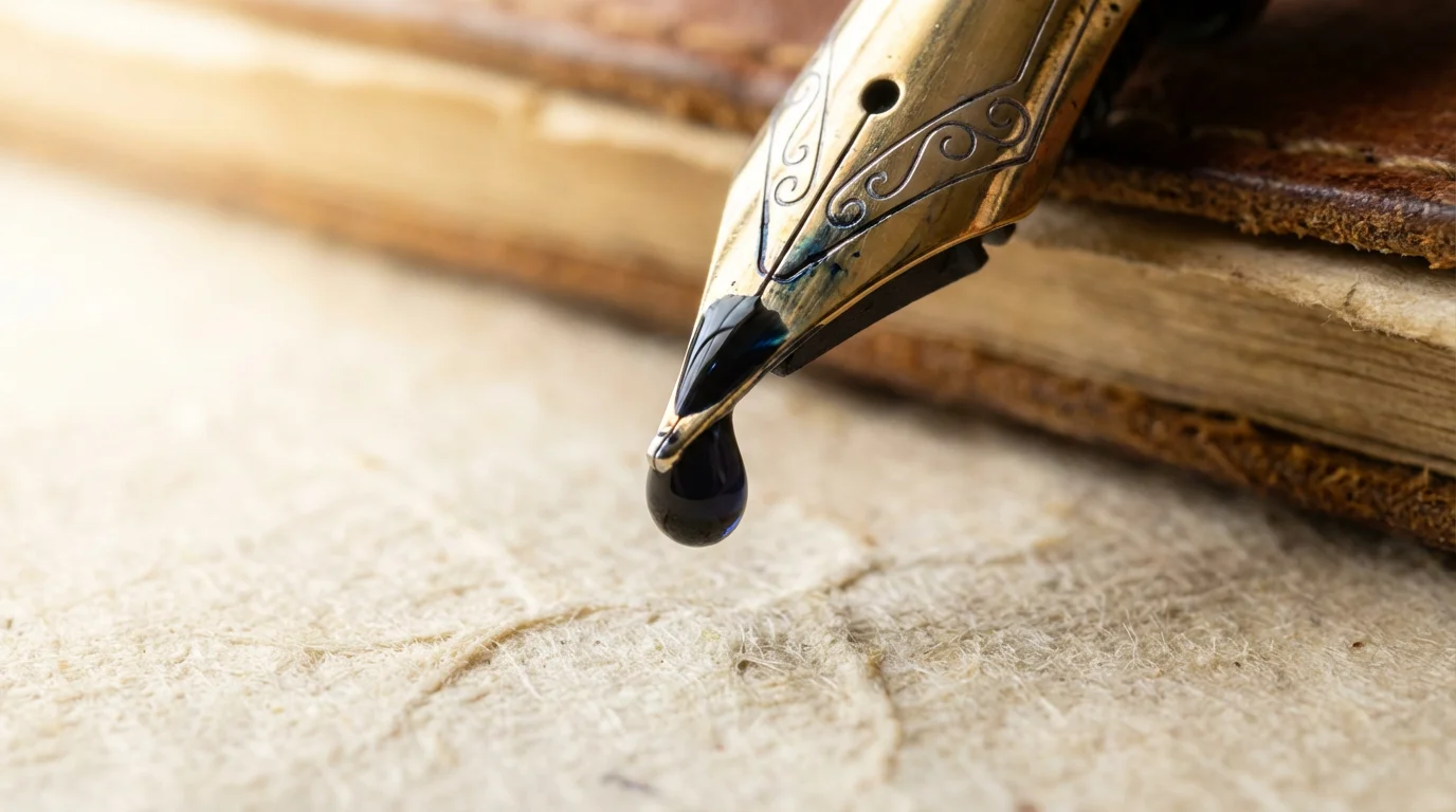 A macro photograph of a gold fountain pen nib with an ink drop.