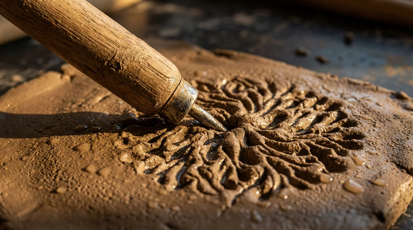 A macro photograph of a sculpting tool creating texture in wet brown clay.