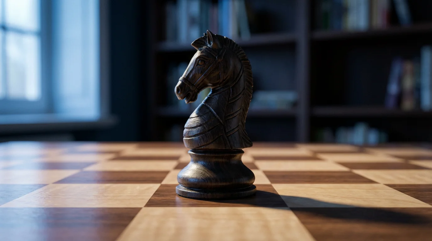 A macro photograph of a single carved wooden chess piece on a board.