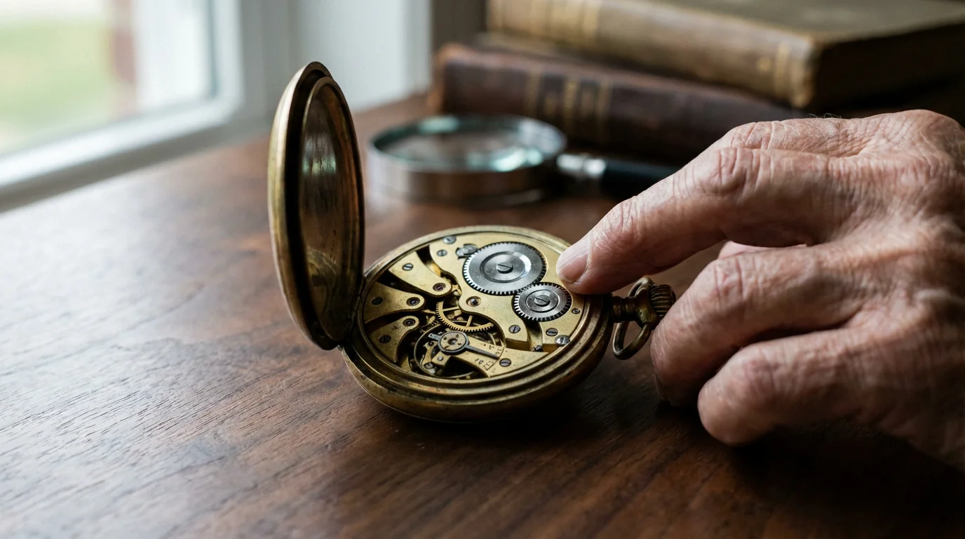 A macro photograph of an elderly hand touching an open antique pocket watch's gears.
