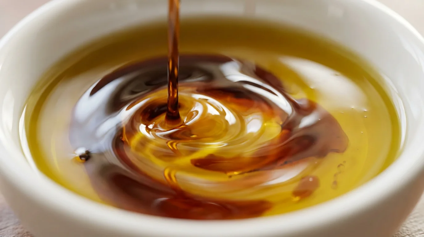 A macro photograph of balsamic vinegar being drizzled into a bowl of olive oil.